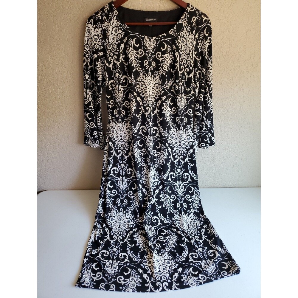 Glamour Dress Midi Black White Textured Damask Floral Bell Ruffle 3/4 Sleeves 10